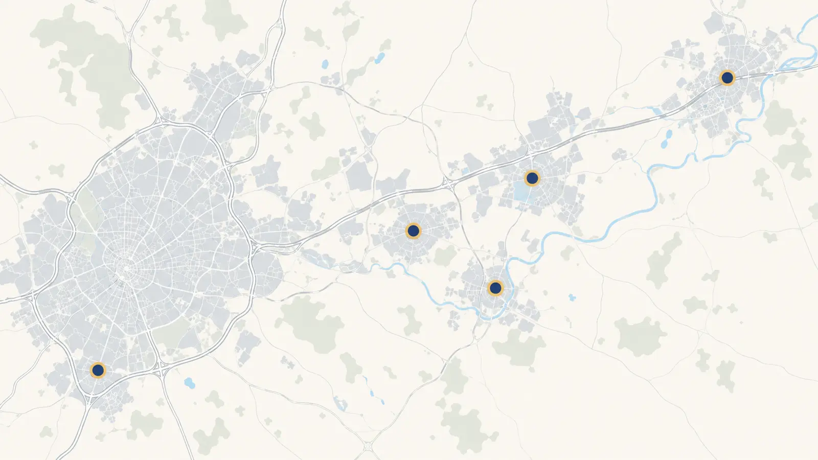 Mapa con los cinco centros CATFA: Madrid-Villaverde, Coslada, Mejorada del Campo, Torrejón de Ardoz y Alcalá de Henares